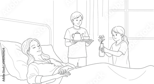 Two children bringing tea and a beautiful flower to their resting mother who is lying comfortably in a soft bed