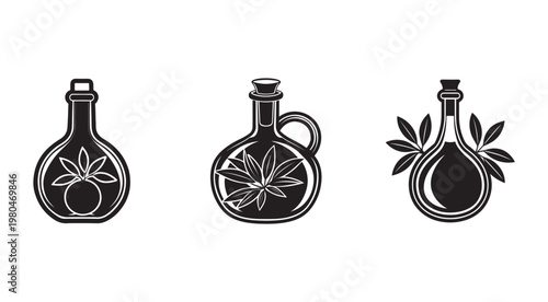 Set of black and white illustrations of bottles with leaves on them for herbal or plant based products  three different designs