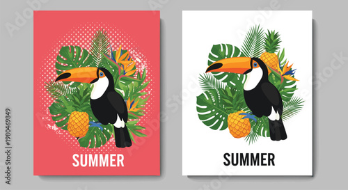 Vibrant tropical posters with a toucan bird pineapples and exotic leaves against colorful backgrounds for summer themed events.