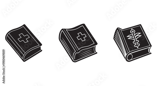 Set of black and white line art medical and herbalist books with cross and leaf on cover  isolated on white background