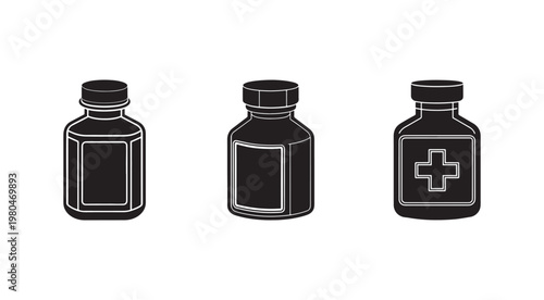 Set of black and white medical bottle icons with lids and labels including a cross symbol  medical pharmacy and healthcare concept