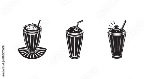 Set of milkshake icons with straws and whipped cream  three black and white illustrations of cold drinks