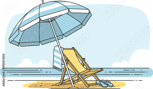An empty beach chair and a striped umbrella waiting for relaxation on a serene sandy shore by the calm ocean.