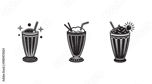 Set of milkshakes with straws and whipped cream toppings  three glasses of cold drink  dessert