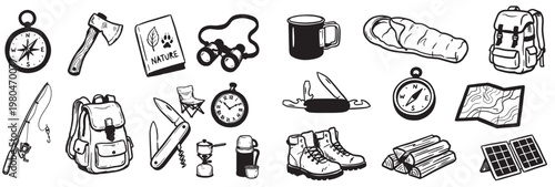 Camping and Hiking Adventure Vector Icon Set, Hand-Drawn Doodle Style Outdoor Equipment, Vintage Nature Exploration Elements, Isolated Survival Gear Illustrations for Tourism and Recreation