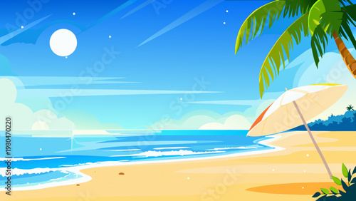 Serene tropical beach scene with palm tree umbrella and sandy shore under a bright blue sky with moonlight