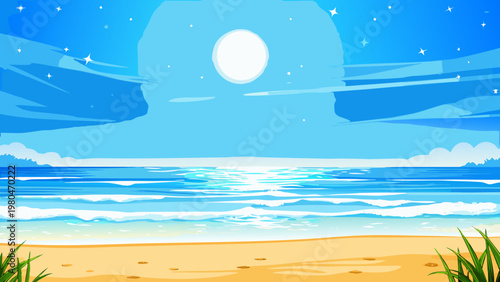 Tropical beach scene at nighttime with full moon shining brightly over calm ocean waves and sandy shore with grassy foreground