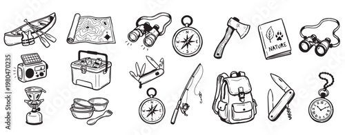 Camping and Hiking Adventure Vector Icon Set, Hand-Drawn Doodle Style Outdoor Equipment, Vintage Nature Exploration Elements, Isolated Survival Gear Illustrations for Tourism and Recreation