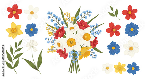 Collection of individual spring flowers including narcissus and anemone plus a central bouquet for botanical art and design.