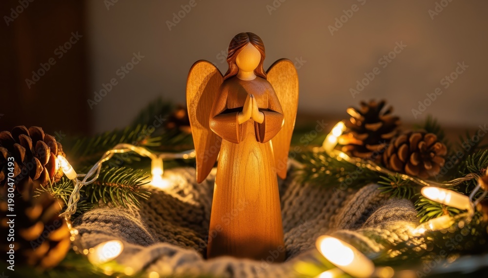 Fototapeta premium Wooden Angel of Devotion: A finely crafted wooden angel figurine radiates a sense of peace and serenity, surrounded by soft light. The angel is positioned in a cozy scene of festive warmth.