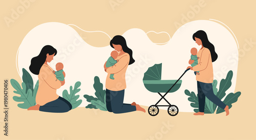 Illustration of various stages of early motherhood showing women holding a baby and pushing a green stroller in a soft setting.