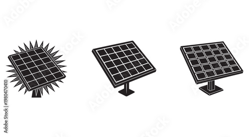 Solar panels with different designs and sun rays on white background  renewable energy sources