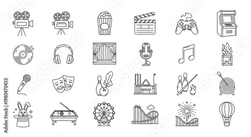 Collection of various entertainment and media related icons and symbols.