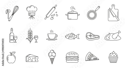Collection of various food and kitchen tools icons in black and white style.