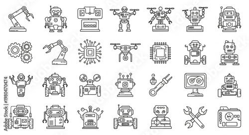Collection of various robot icons representing technology and innovation in robotics.