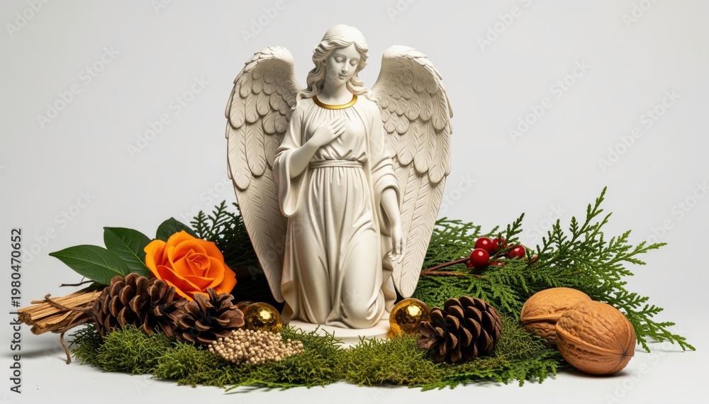 Obraz premium Guardian Angel's Serene Embrace: A radiant angel statue stands amidst a vibrant arrangement of natural elements, embodying peace, hope, and protection.