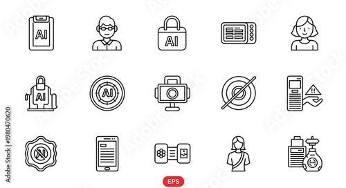 Collection of various line art icons representing different concepts and ideas.