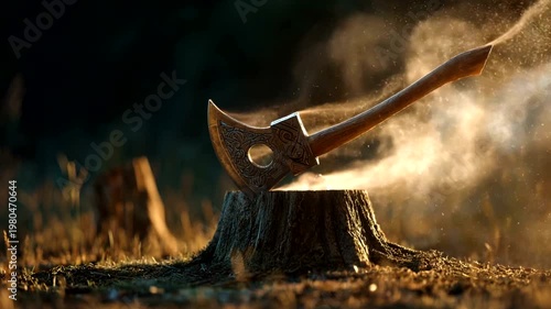 Axe embedded in stump with misty forest backdrop