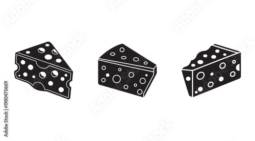 Three black and white cheese wedges with holes  cheese illustration  dairy product  food icon
