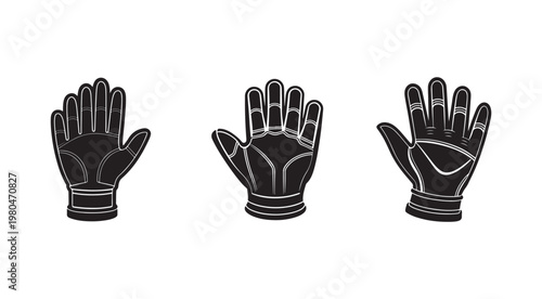 Three black and white illustrations of hands wearing leather gloves in different positions  isolated on white background