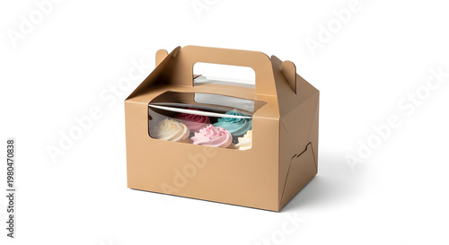A clear windowed cardboard box for four cupcakes or small pastries, perfect for bakeries and gifting, made from sustainable materials