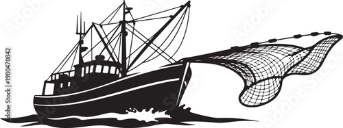 Fishing boat, fishing net, black and white, vector illustration, nautical, fishing industry, seafood