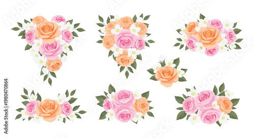 Group of elegant floral arrangements featuring pink and peach roses with white jasmine blossoms for wedding and bridal themes.