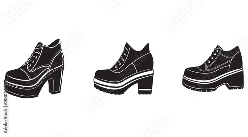 Three black and white illustrations of womens chunky platform shoes with different heel heights and laces  fashion footwear designs
