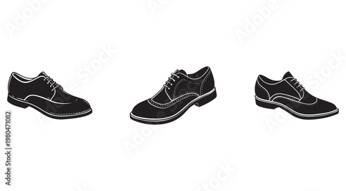 Three black and white line drawing oxford shoes with white outlines on white background  side views  for fashion or design concepts