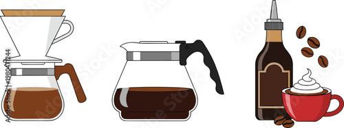Coffee Brewing Methods Illustration Set Featuring Pour Over, French Press, Drip Machine, Kettle and Cups in Flat Design Style Isolated on White Background