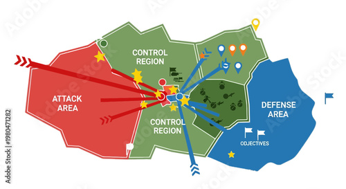 Military Battle Strategy Map with Attack and Defense Zones, Tactical War Infographic Vector Illustration, Area Control and Mission Objectives Concept