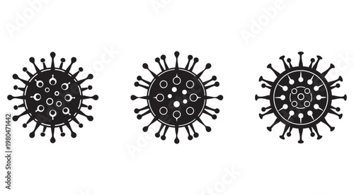 Three black coronavirus icons with varying spike and circle patterns isolated on white background