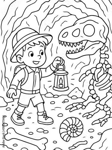 Curious Explorer's Fossil Discovery: A young explorer, filled with wonder, uncovers a dinosaur skeleton in a mysterious cavern. This drawing is perfect for children.