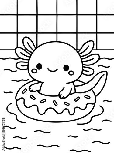 Axolotl on Float: A charming axolotl with a cheerful expression relaxes in a floatie, playfully enjoying a pool. Capturing the pure joy and summer essence.