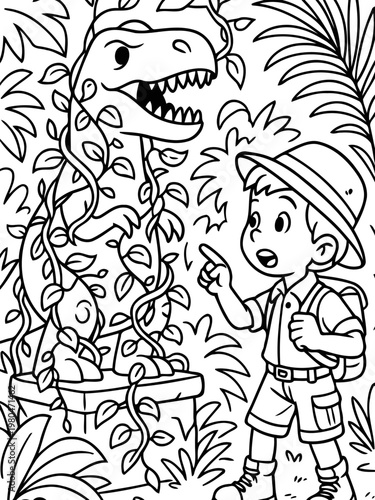 Explorer's Encounter with Dinosaur: An intrepid young explorer stumbles upon a majestic dinosaur, evoking a sense of wonder and adventure in the lush prehistoric environment.