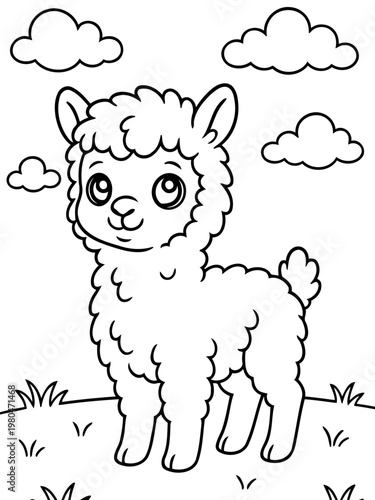 Fluffy Alpaca in a Pastoral Scene: An adorable alpaca with a fluffy coat stands contentedly in a grassy field beneath a scattering of fluffy clouds, evoking feelings of serenity and pastoral charm.