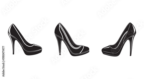 Three black high heel shoes with white outlines in different positions  isolated on white background