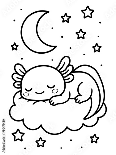 Dreamy Axolotl's Lullaby: A whimsical illustration of a charming axolotl peacefully sleeping upon a fluffy cloud under a gentle moon and sparkling stars, inviting serenity and sweet dreams.