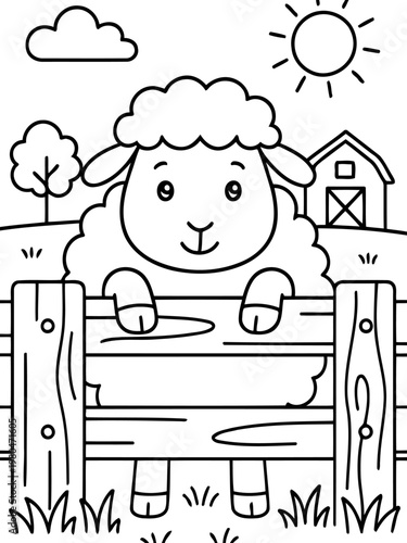 Happy Sheep on the Farm: A cheerful sheep peers over a rustic fence on a bright, sunny day, creating a scene of farm life, happiness and joy.