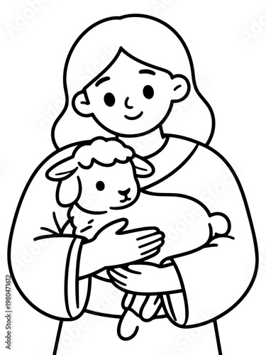Woman Holding Lamb: A depiction of a woman lovingly cradling a lamb, symbolizing purity and tenderness, perfect for conveying themes of innocence and care.