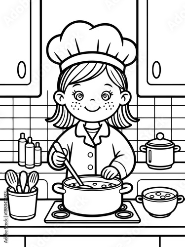 Culinary Concoction: A cheerful cook, adorned in a classic chef's hat, skillfully stirs a simmering pot, embodying the warmth and artistry of the kitchen.