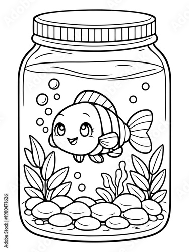 Fish in Jar: A charming illustration shows a cute, cartoon-like fish swimming inside a glass jar filled with water, pebbles, and aquatic plants.