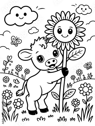 Playful Calf with Sunflower: An adorable calf, brimming with joy, lovingly embraces a cheerful sunflower in a delightful cartoon scene, capturing the innocence and wonder of nature.