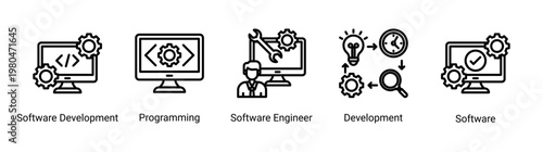 DevOps development icon set including programming,software engineering and application development for modern coding workflow