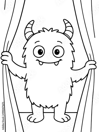 Monster behind Curtain: A cute cartoon monster peers out from behind a curtain, his innocent expression and playful demeanor captivate the audience and draw viewers into its whimsical world.