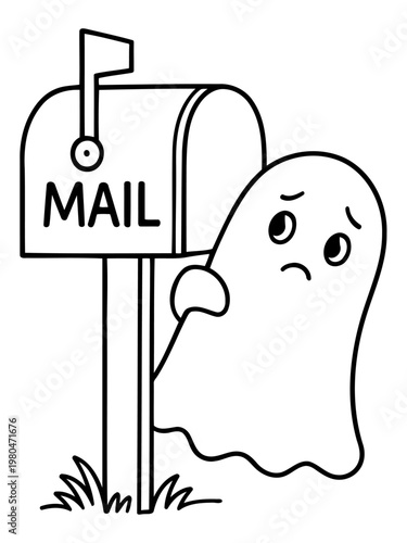 Ghostly Mail Delivery Woes: An adorable, dejected ghost stands beside a mailbox labeled 'MAIL', its form expressing a mix of loneliness and anticipation, capturing a scene of silent communication.