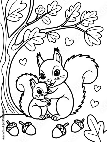 Mother Squirrel's Love: A heartwarming depiction of a mother squirrel embracing her child beneath a nurturing tree. A scene that embodies love, protection, and the simple beauty of nature.
