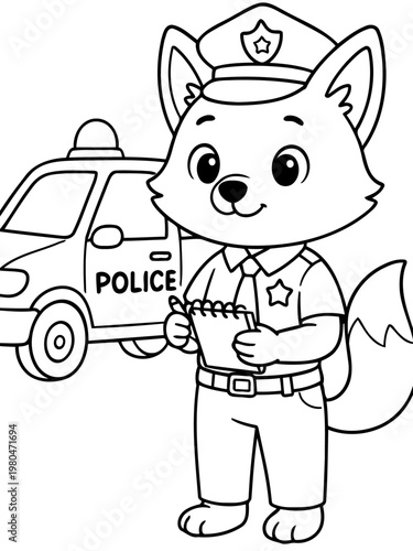 Patrol Officer Fox Illustration: A charming illustrated fox in a police uniform, holding a notepad and pen, stands ready for duty, with a police car in the background.