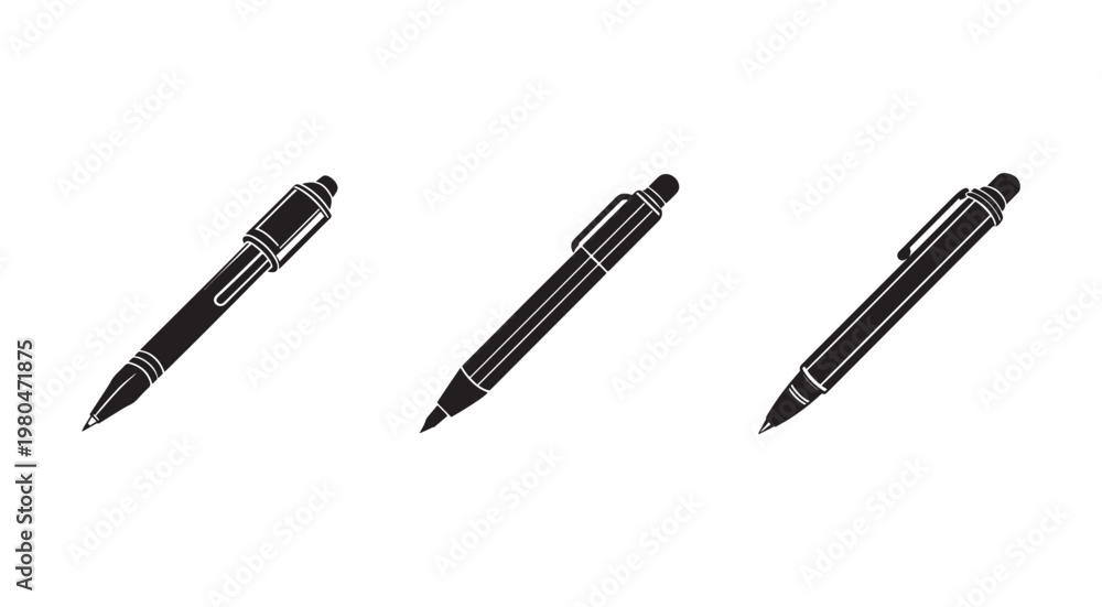 Fototapeta premium Three black pens with white outlines on white background office supplies writing instruments