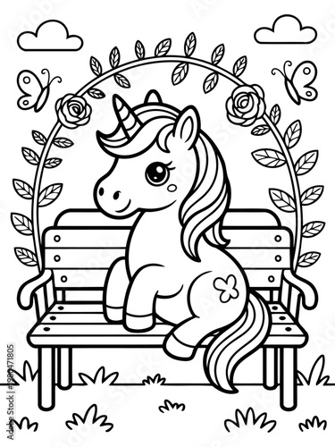Whimsical Unicorn on Bench: A charming unicorn sits peacefully on a wooden bench, surrounded by delicate roses and fluttering butterflies. This magical scene evokes a sense of enchantment and wonder.